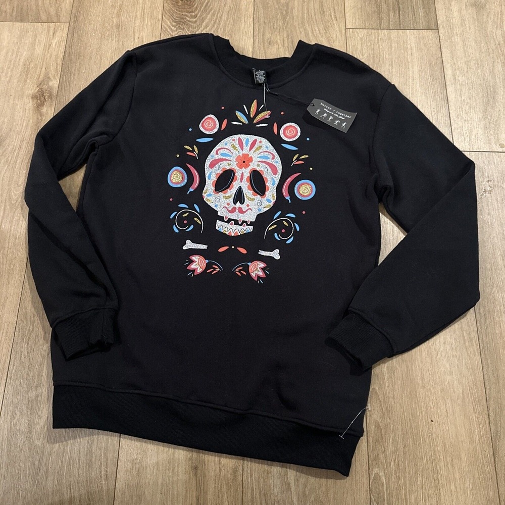 Better Together Junior's Glitter Skull Colorful Crew Sweatshirt Small NEW